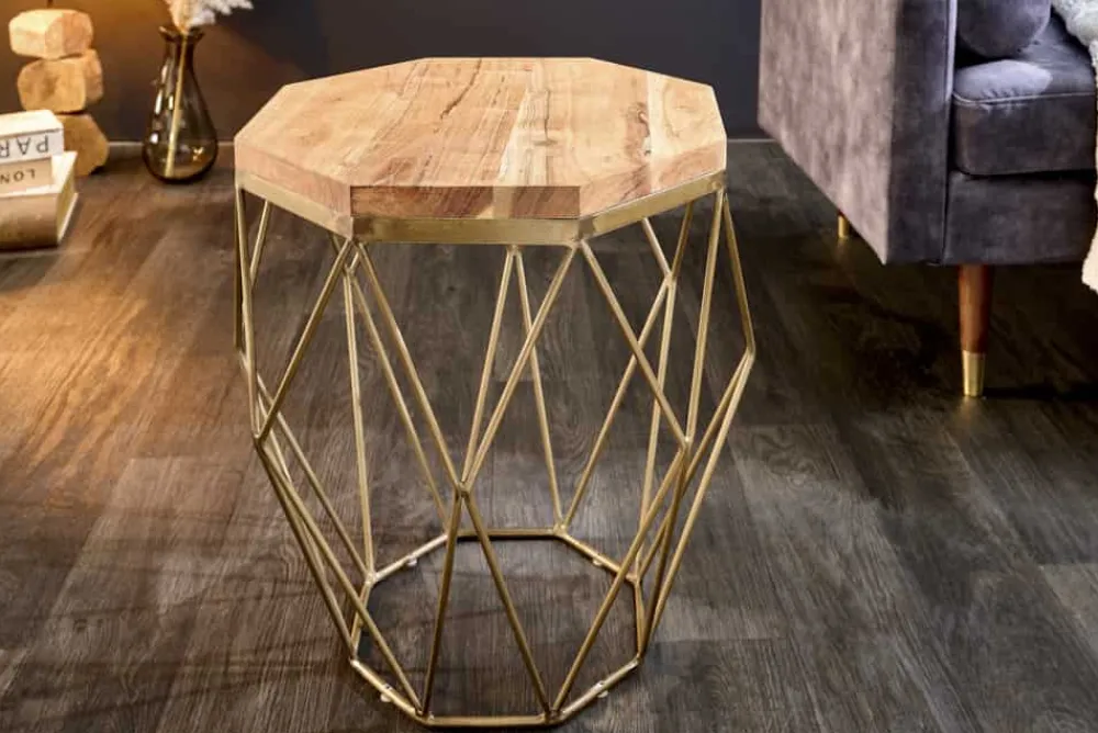 Riess-Ambiente Goldene Möbel|Mehr... > Abstrakter Beistelltisch DIAMOND 50cm natur Akazie Massivholz messing Metallgestell
