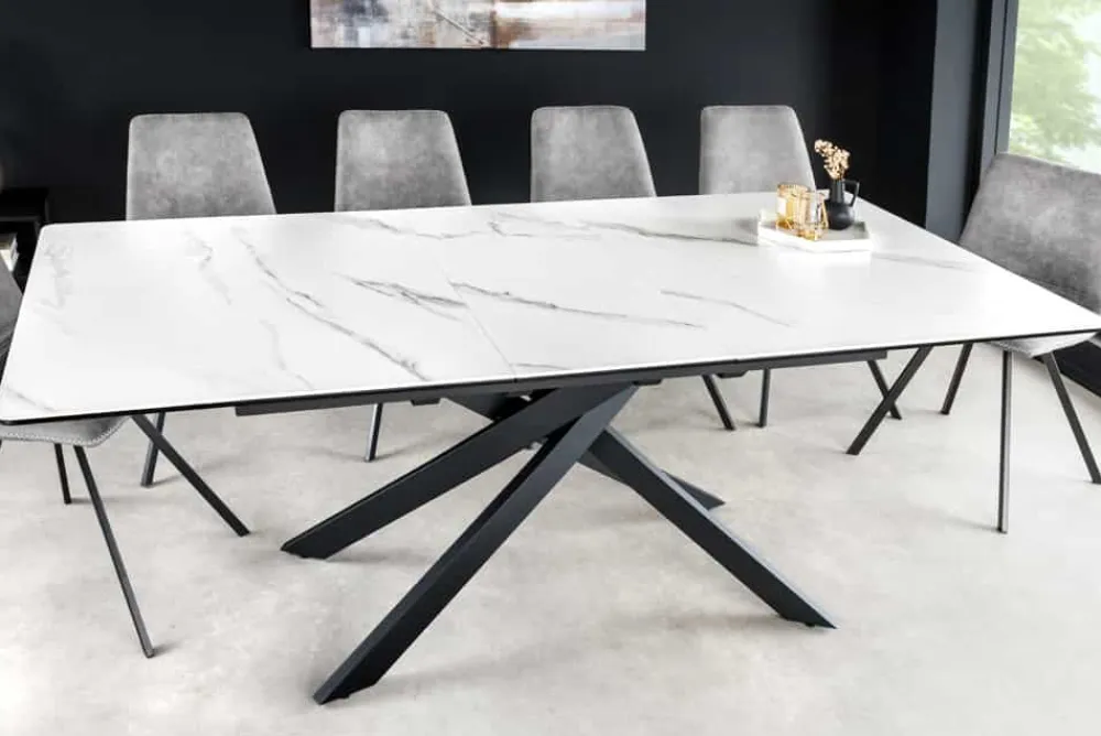 Riess-Ambiente Industrial Loft|Esstische > Ausziehbarer Esstisch ALPINE 160-200cm weiß Keramik Marmor schwarzes Metallgestell