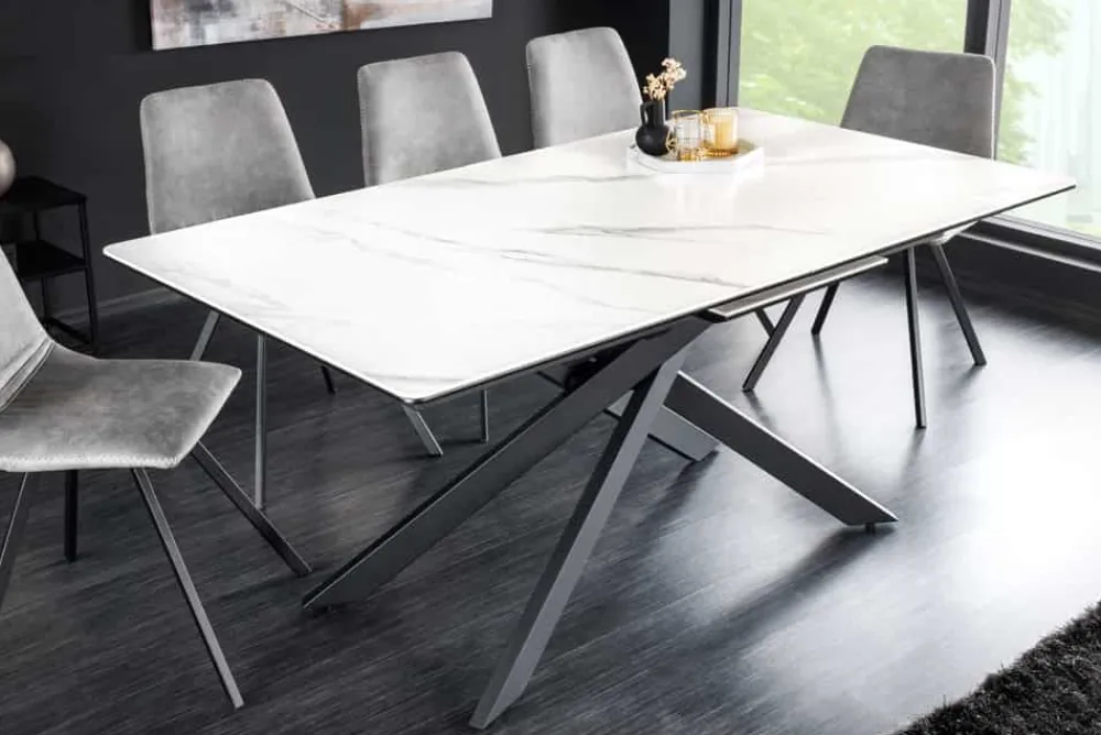 Riess-Ambiente Industrial Loft|Esstische > Ausziehbarer Esstisch ALPINE 160-200cm weiß Keramik Marmor schwarzes Metallgestell