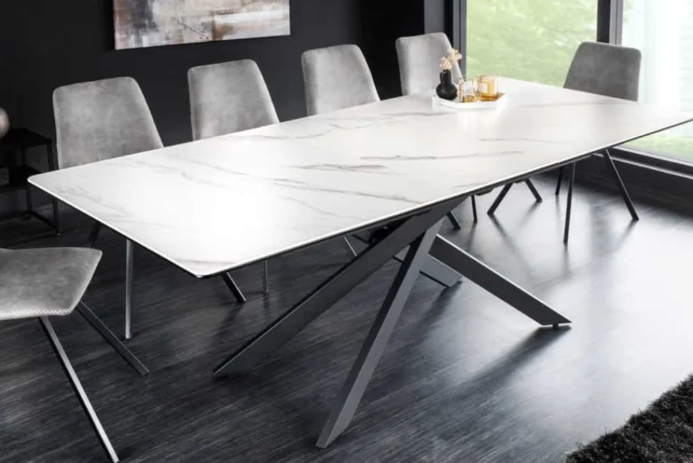 Riess-Ambiente Industrial Loft|Esstische > Ausziehbarer Esstisch ALPINE 160-200cm weiß Keramik Marmor schwarzes Metallgestell
