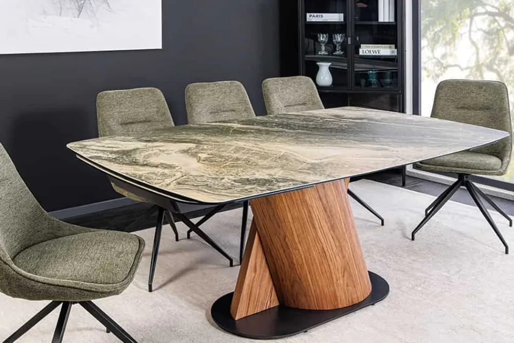 Riess-Ambiente Esstische > Ausziehbarer Esstisch ELEMENTS 180-260cm taupe beige spanischer Keramik Walnuss Gestell