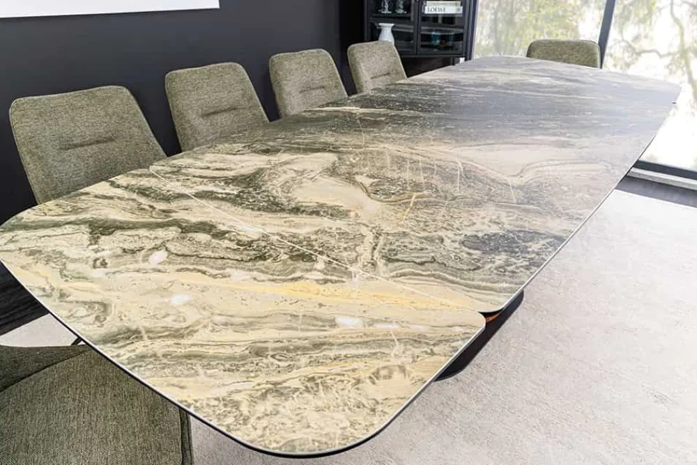 Riess-Ambiente Esstische > Ausziehbarer Esstisch ELEMENTS 180-260cm taupe beige spanischer Keramik Walnuss Gestell