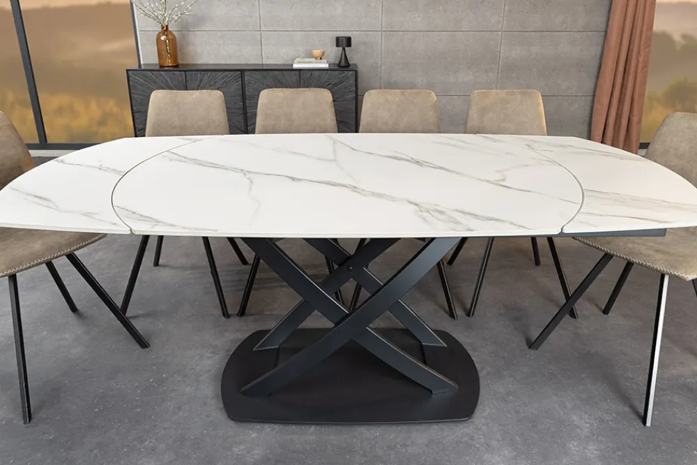 Riess-Ambiente Esstische > Ausziehbarer Esstisch INCEPTION 130-190cm weiß Marmor Keramik schwarzes Metallgestell