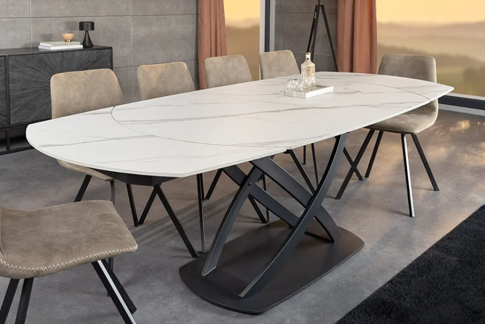 Riess-Ambiente Esstische > Ausziehbarer Esstisch INCEPTION 130-190cm weiß Marmor Keramik schwarzes Metallgestell