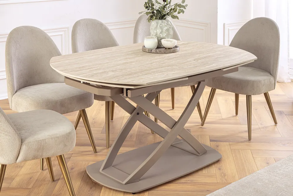 Riess-Ambiente Esstische > Ausziehbarer Esstisch INCEPTION 130-190cm oval Travertin Keramik champagner greige