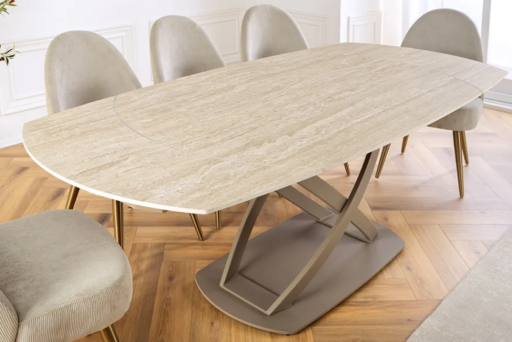 Riess-Ambiente Esstische > Ausziehbarer Esstisch INCEPTION 130-190cm oval Travertin Keramik champagner greige