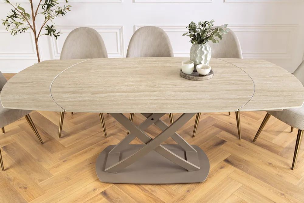 Riess-Ambiente Esstische > Ausziehbarer Esstisch INCEPTION 130-190cm oval Travertin Keramik champagner greige