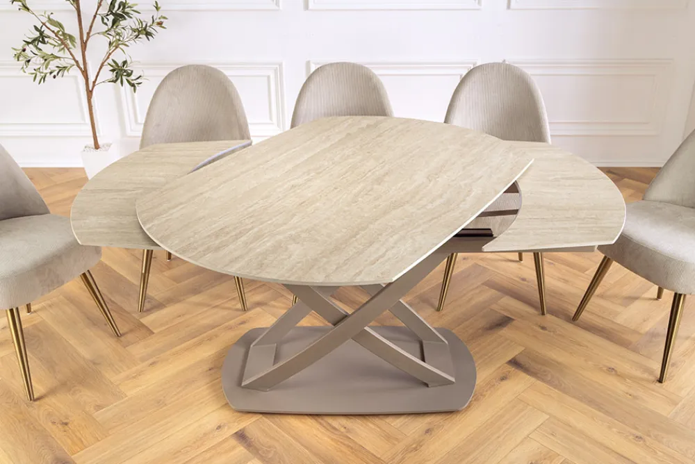 Riess-Ambiente Esstische > Ausziehbarer Esstisch INCEPTION 130-190cm oval Travertin Keramik champagner greige