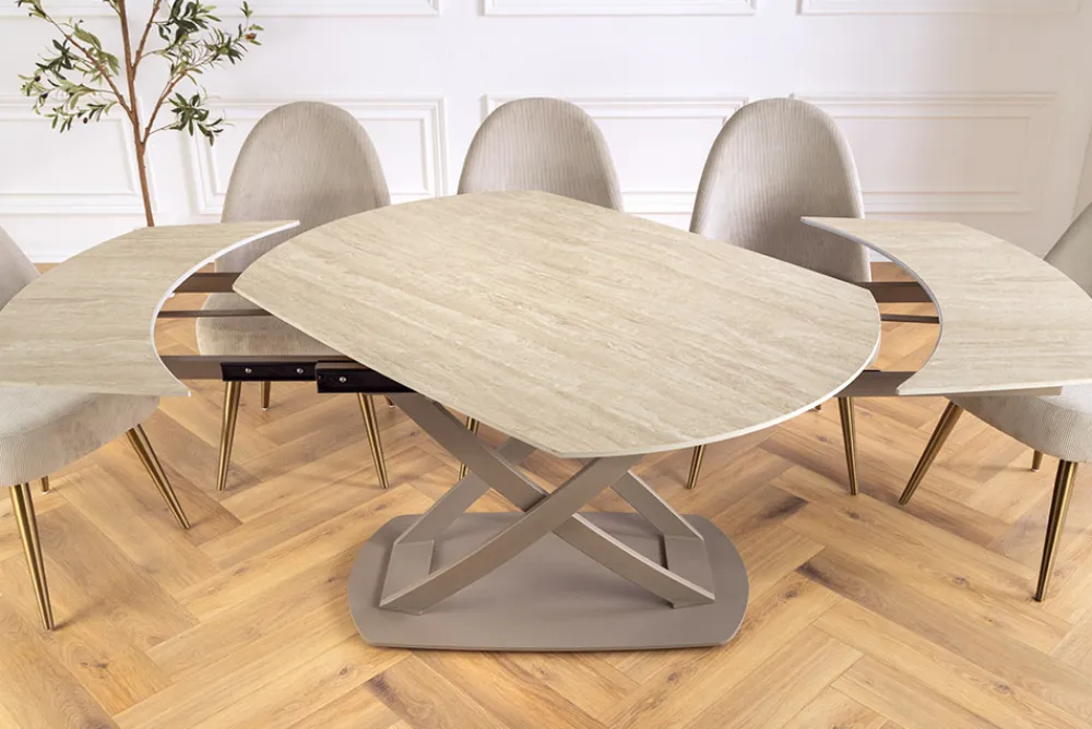 Riess-Ambiente Esstische > Ausziehbarer Esstisch INCEPTION 130-190cm oval Travertin Keramik champagner greige