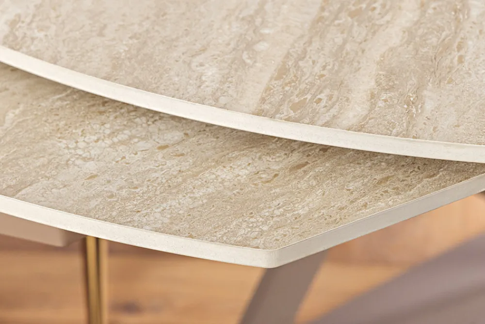 Riess-Ambiente Esstische > Ausziehbarer Esstisch INCEPTION 130-190cm oval Travertin Keramik champagner greige