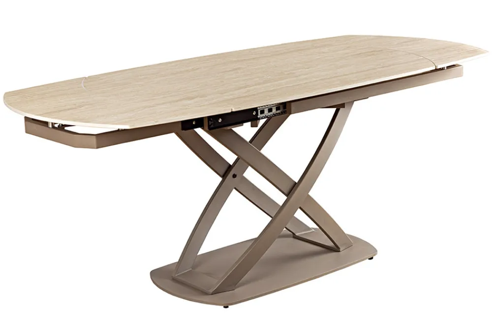 Riess-Ambiente Esstische > Ausziehbarer Esstisch INCEPTION 130-190cm oval Travertin Keramik champagner greige