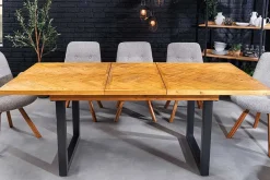Riess-Ambiente Mehr...|Massivholzesstische > Ausziehbarer Esstisch MOSAIK 160-200cm braun Pinie recyceltes Massivholz Metall schwarz