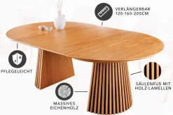 Riess-Ambiente Skandinavisch|Esstische > Ausziehbarer Esstisch VALHALLA WOOD 120-160-200cm natur Eichenholz oval Säulenfuß