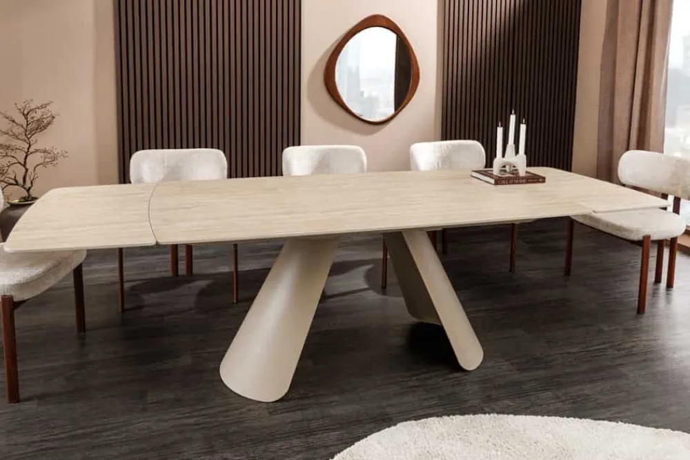 Riess-Ambiente Esstische > Ausziehbarer Esstisch VOGUE 160-240cm beige Keramik Travertin Metall champagner greige
