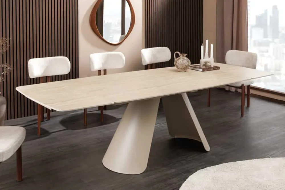 Riess-Ambiente Esstische > Ausziehbarer Esstisch VOGUE 160-240cm beige Keramik Travertin Metall champagner greige