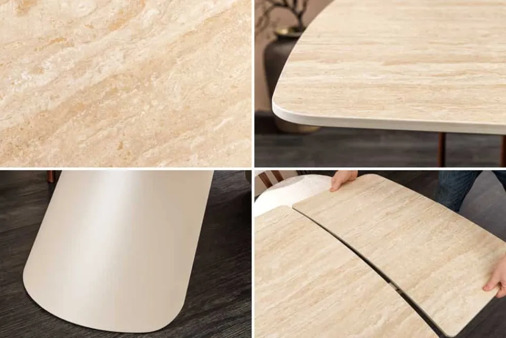 Riess-Ambiente Esstische > Ausziehbarer Esstisch VOGUE 160-240cm beige Keramik Travertin Metall champagner greige