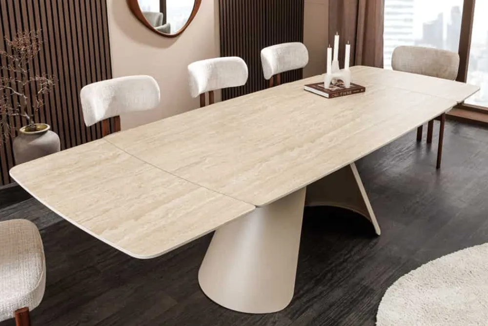 Riess-Ambiente Esstische > Ausziehbarer Esstisch VOGUE 160-240cm beige Keramik Travertin Metall champagner greige