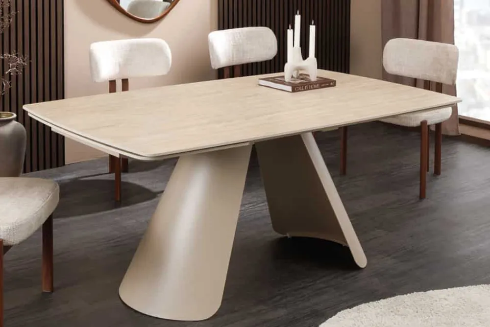 Riess-Ambiente Esstische > Ausziehbarer Esstisch VOGUE 160-240cm beige Keramik Travertin Metall champagner greige