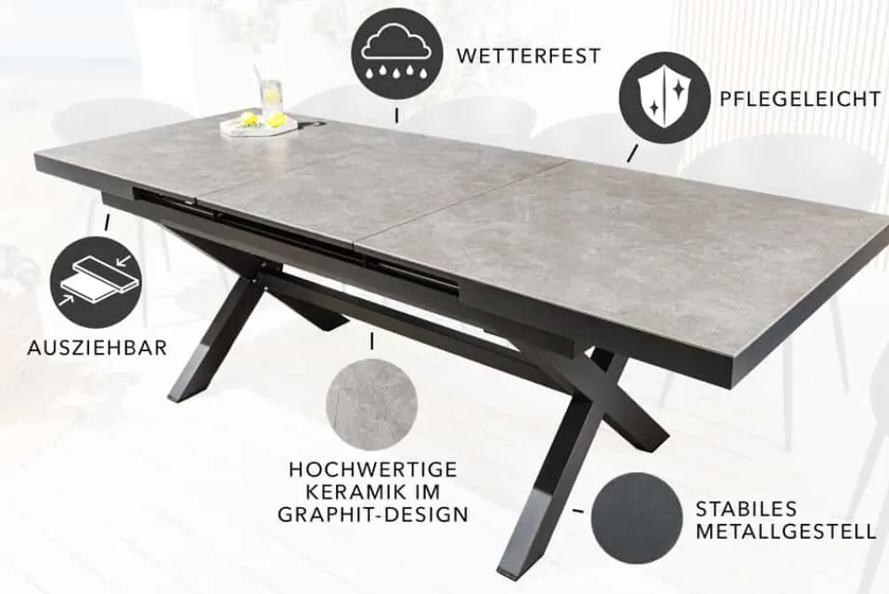 Riess-Ambiente Haus & Garten|Esstische > Ausziehbarer In- und Outdoor Esstisch EMPIRE 180-240cm hellgrau Keramik anthrazit