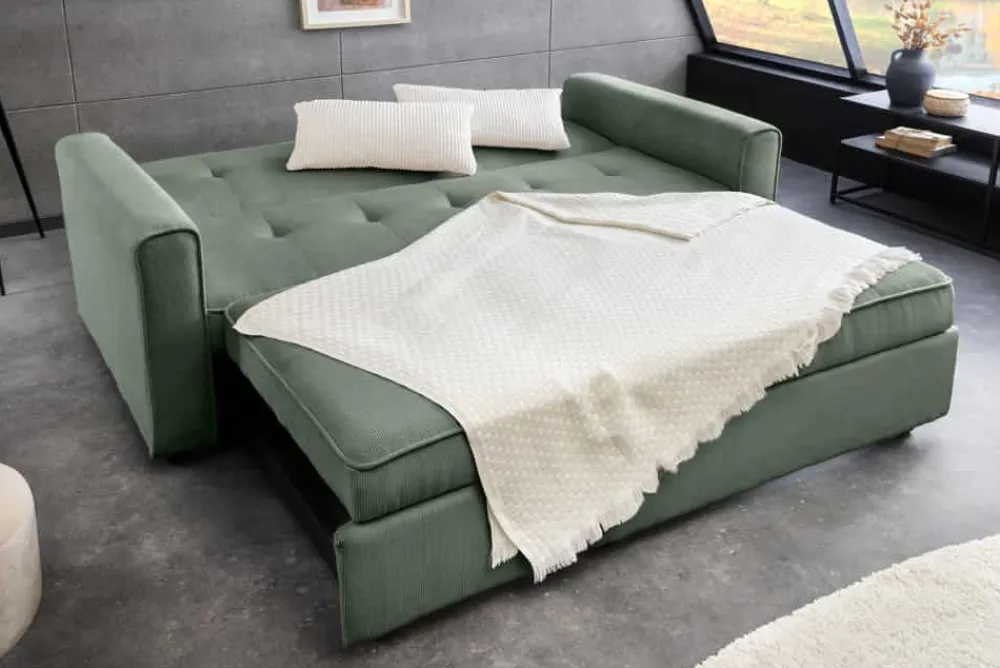 Riess-Ambiente 2-Sitzer Sofa|Retro Möbel > Ausziehbares Schlafsofa SMART 180cm grün Cord 2-Sitzer Couch mit Nosagfederung