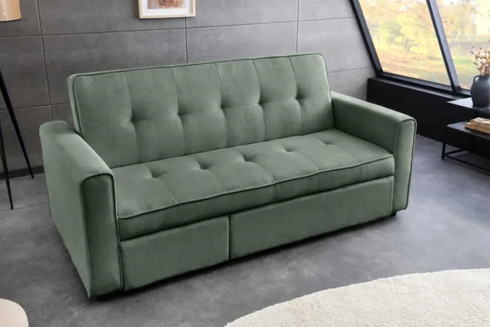 Riess-Ambiente 2-Sitzer Sofa|Retro Möbel > Ausziehbares Schlafsofa SMART 180cm grün Cord 2-Sitzer Couch mit Nosagfederung