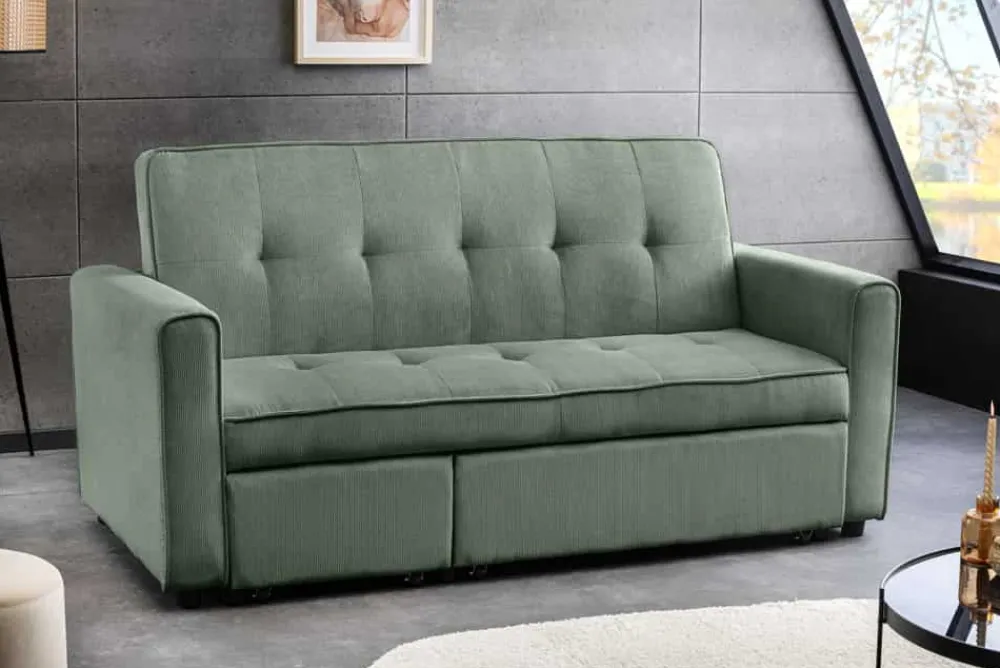 Riess-Ambiente 2-Sitzer Sofa|Retro Möbel > Ausziehbares Schlafsofa SMART 180cm grün Cord 2-Sitzer Couch mit Nosagfederung