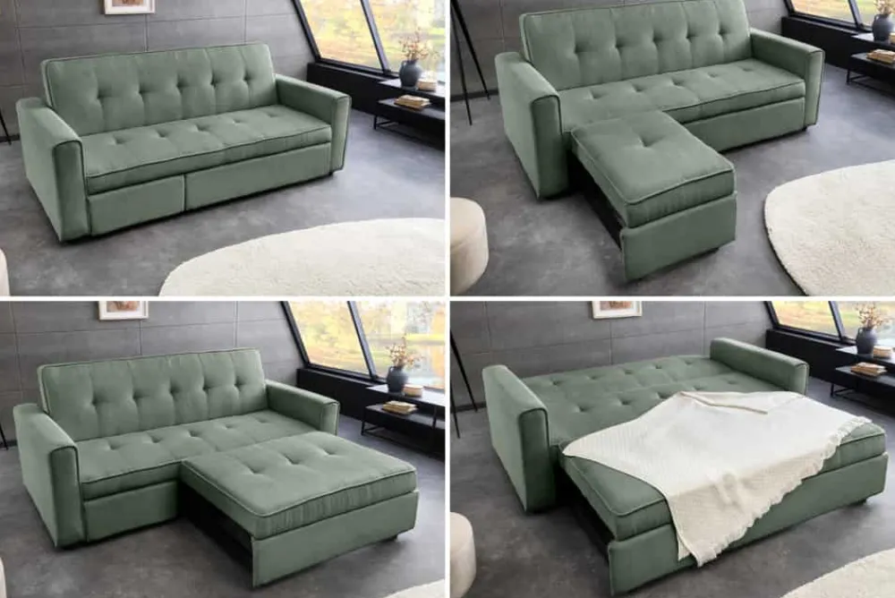 Riess-Ambiente 2-Sitzer Sofa|Retro Möbel > Ausziehbares Schlafsofa SMART 180cm grün Cord 2-Sitzer Couch mit Nosagfederung