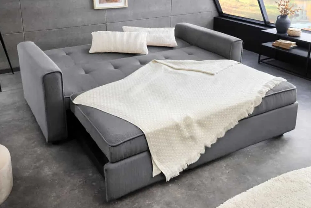 Riess-Ambiente 2-Sitzer Sofa|Retro Möbel > Ausziehbares Schlafsofa SMART 180cm grau Cord 2-Sitzer Couch mit Nosagfederung