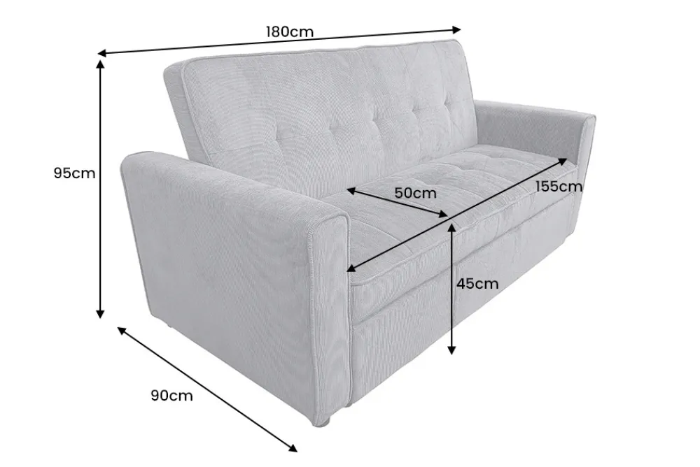 Riess-Ambiente 2-Sitzer Sofa|Retro Möbel > Ausziehbares Schlafsofa SMART 180cm grau Cord 2-Sitzer Couch mit Nosagfederung