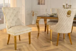 Riess-Ambiente Stühle|Samt Möbel > Barock Stuhl CASTLE DELUXE beige Samt gold Edelstahl mit Löwenkopf Ziernieten