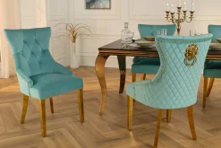 Riess-Ambiente Stühle|Samt Möbel > Barock Stuhl CASTLE DELUXE blau Samt gold Edelstahl mit Löwenkopf Chesterfield