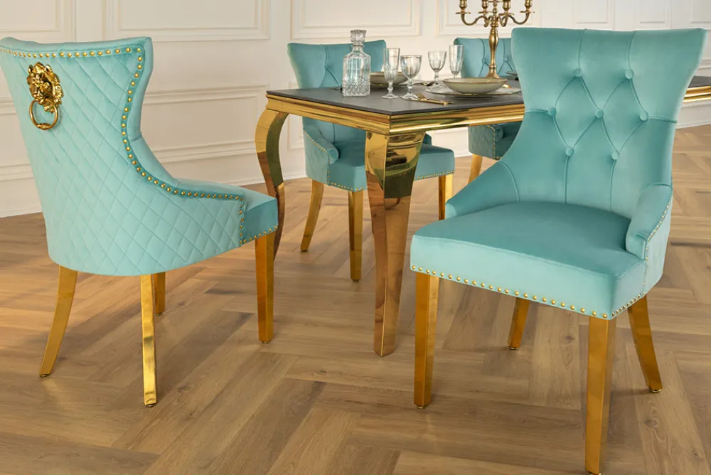 Riess-Ambiente Stühle|Samt Möbel > Barock Stuhl CASTLE DELUXE blau Samt gold Edelstahl mit Löwenkopf Chesterfield