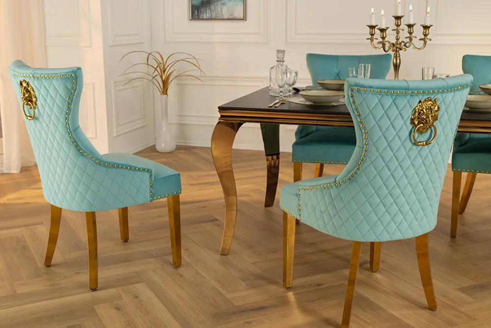 Riess-Ambiente Stühle|Samt Möbel > Barock Stuhl CASTLE DELUXE blau Samt gold Edelstahl mit Löwenkopf Chesterfield