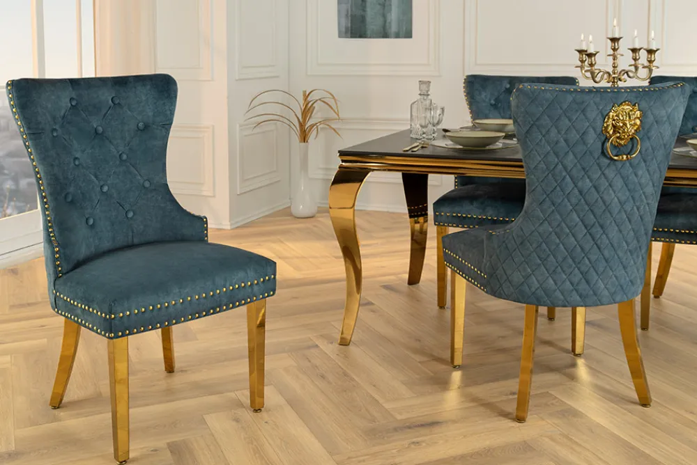 Riess-Ambiente Stühle|Samt Möbel > Barock Stuhl CASTLE DELUXE petrol Samt gold Edelstahl mit Löwenkopf Ziernieten