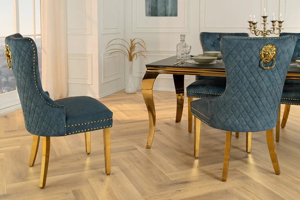Riess-Ambiente Stühle|Samt Möbel > Barock Stuhl CASTLE DELUXE petrol Samt gold Edelstahl mit Löwenkopf Ziernieten