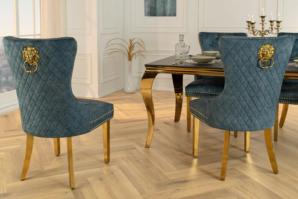 Riess-Ambiente Stühle|Samt Möbel > Barock Stuhl CASTLE DELUXE petrol Samt gold Edelstahl mit Löwenkopf Ziernieten