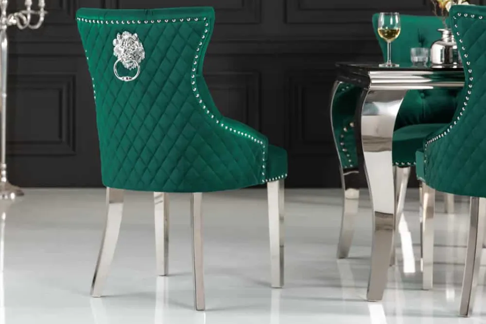 Riess-Ambiente Stühle|Samt Möbel > Barock Stuhl CASTLE DELUXE smaragdgrün Samt Edelstahl Löwenkopf