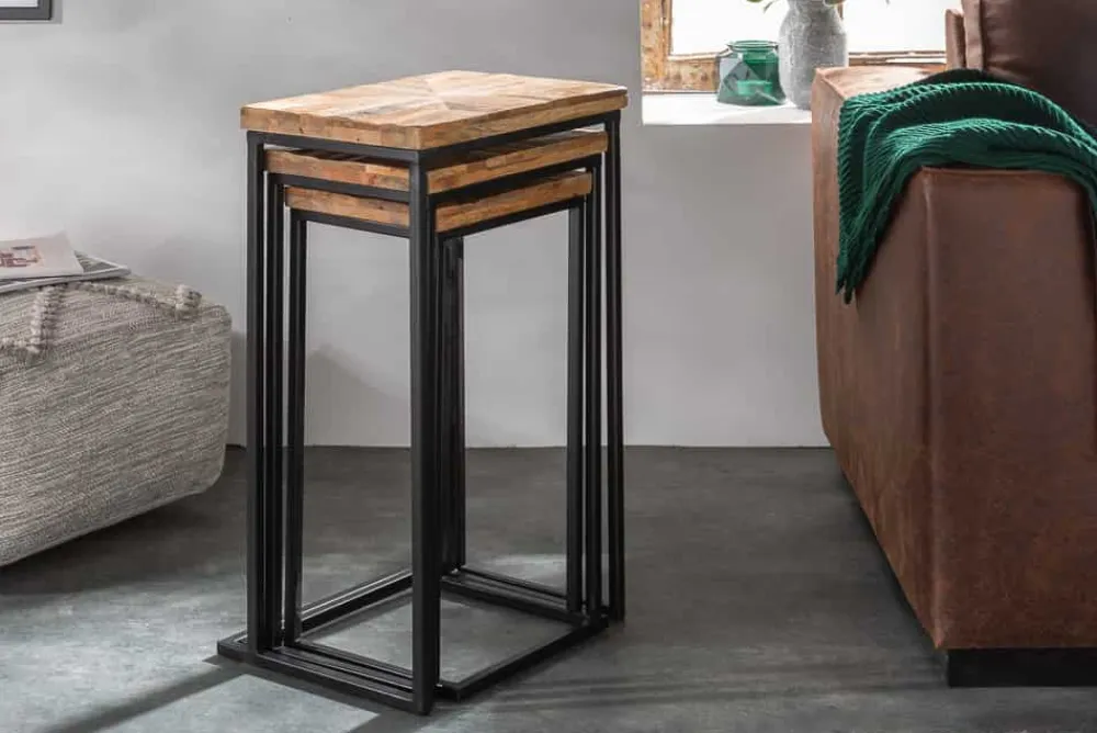 Riess-Ambiente Beistelltische|Mehr... > Beistelltisch 3er Set INDUSTRIAL 65cm Mangoholz handmade Mosaik schwarzes Metallgestell massiv