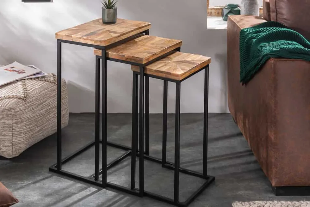 Riess-Ambiente Beistelltische|Mehr... > Beistelltisch 3er Set INDUSTRIAL 65cm Mangoholz handmade Mosaik schwarzes Metallgestell massiv