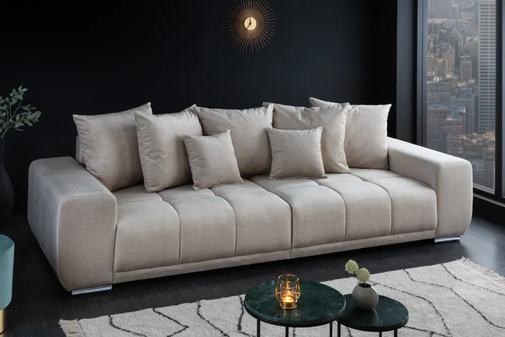 Riess-Ambiente Xxl Sofa|Samt Möbel > Big Sofa ELEGANCIA 285cm champagner beige Vogue Velours Samt inkl. Kissen Federkern