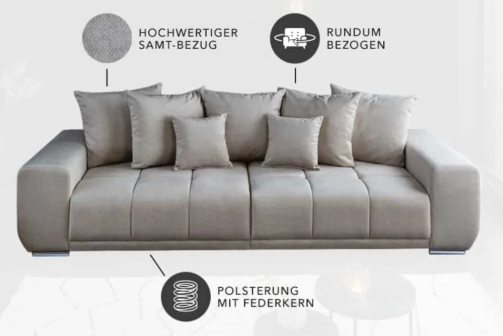 Riess-Ambiente Xxl Sofa|Samt Möbel > Big Sofa ELEGANCIA 285cm champagner beige Vogue Velours Samt inkl. Kissen Federkern