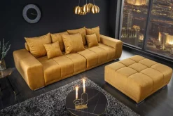 Riess-Ambiente Xxl Sofa|Samt Möbel > Big Sofa ELEGANCIA 285cm senfgelb Vogue Velours Samt XXL Couch inkl. Kissen Federkern