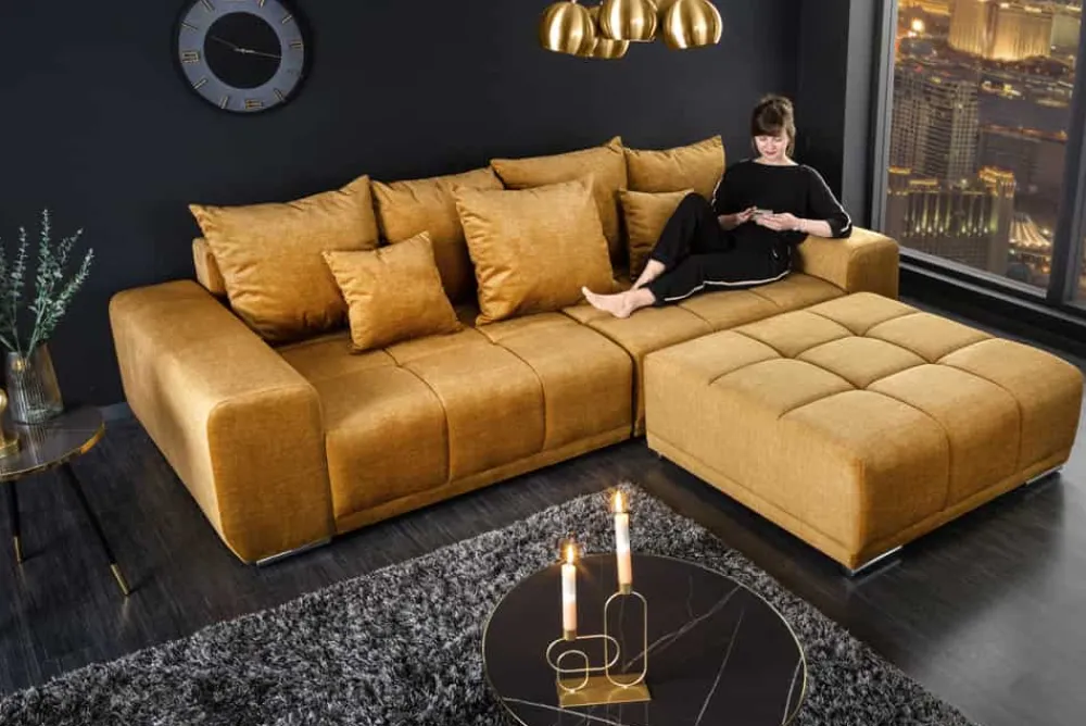 Riess-Ambiente Xxl Sofa|Samt Möbel > Big Sofa ELEGANCIA 285cm senfgelb Vogue Velours Samt XXL Couch inkl. Kissen Federkern