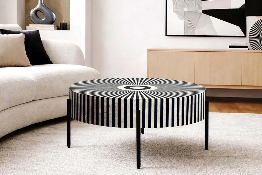 Riess-Ambiente Couchtische & Truhen > Bone Inlay Couchtisch HARMONY NATURE 65cm schwarz weiß Intarsien Kunsthandwerk