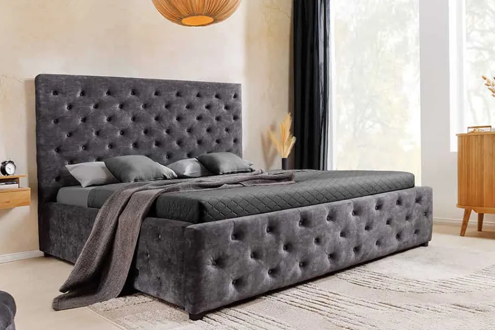 Riess-Ambiente Boxbetten|Samt Möbel > Boxbett PARIS 160x200cm grau Samt mit Stauraum und Lattenrost