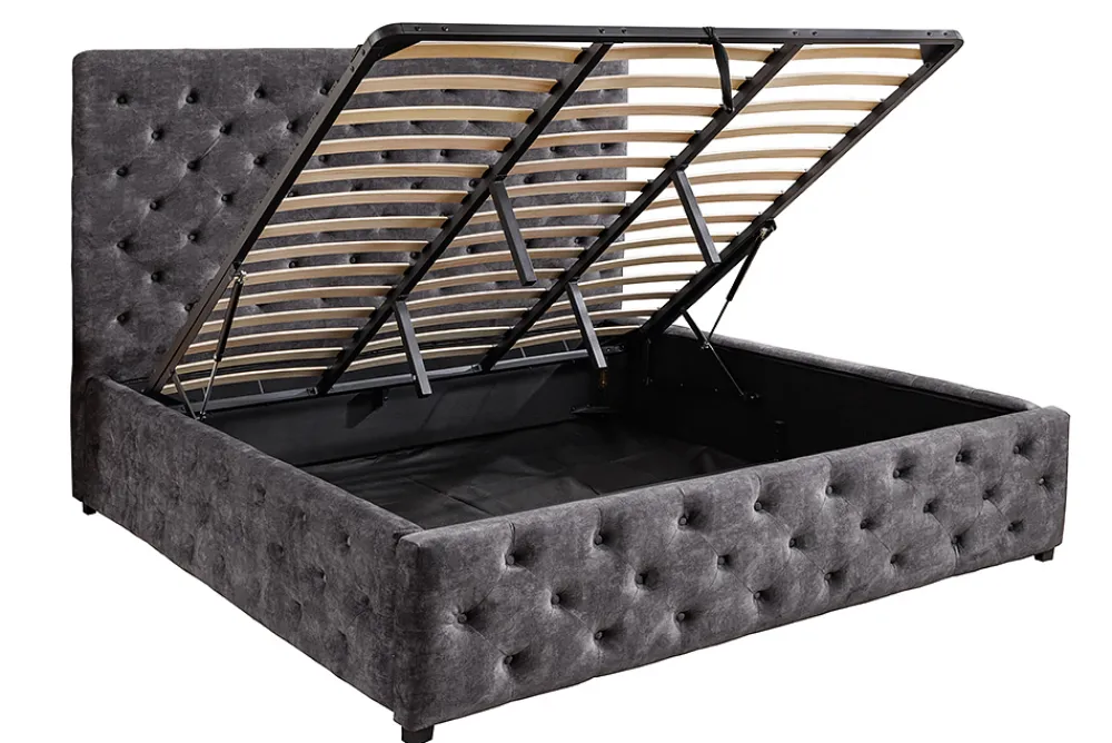 Riess-Ambiente Boxbetten|Samt Möbel > Boxbett PARIS 160x200cm grau Samt mit Stauraum und Lattenrost