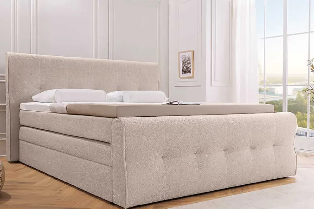 Riess-Ambiente Boxspringbetten > Boxspringbett SIGNUM 180x200cm beige Bouclé inkl. Stauraum Matratze Topper Matratze