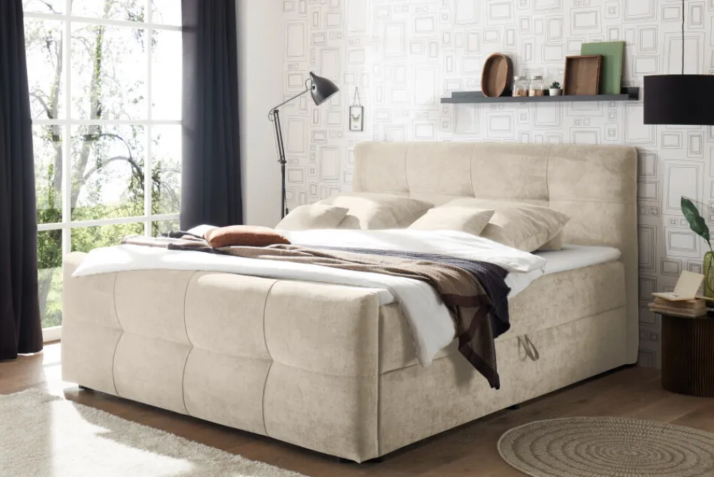 Riess-Ambiente Boxspringbetten > Boxspringbett TOULOUSE 160x200cm beige Microfaser inkl. Matratze Topper Stauraum