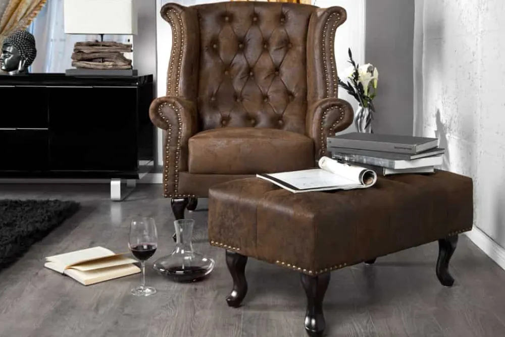 Riess-Ambiente Sitzhocker|Sessel > Chesterfield Fußhocker 80cm antik braun mit Knopfheftung und Nietenbesatz