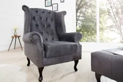 Riess-Ambiente Sessel > Chesterfield Ohrensessel antik grau Microfaser mit Knopfheftung